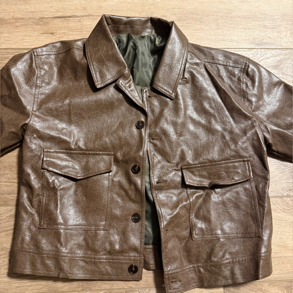 Cropped Brown Leather Faux Jacket